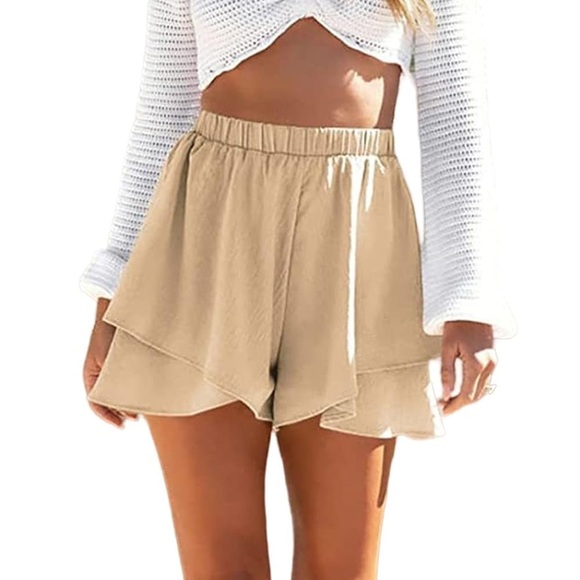 NWOT Women’s Size Large High Waist Tan Ruffled Shorts - Picture 1 of 12